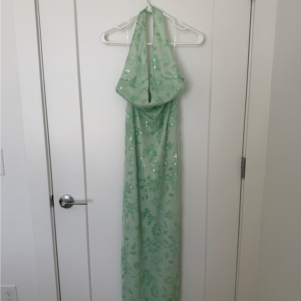 Peppermayo Mint Green Sequin Floral Halter Maxi Dress